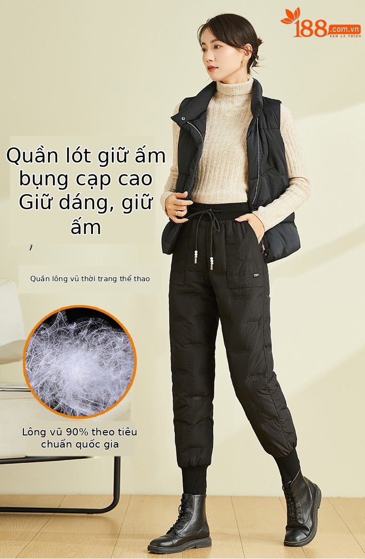 Quần lông vũ nữ mặc ngoài trời cạp cao dày dặn cỡ lớn, quần cotton nhẹ giữ ấm mùa đông — Màu đen chi tiết 1