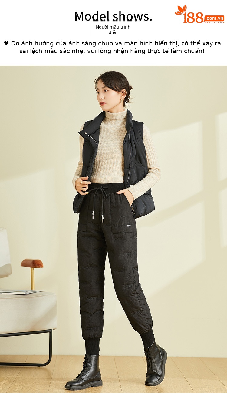Quần lông vũ nữ mặc ngoài trời cạp cao dày dặn cỡ lớn, quần cotton nhẹ giữ ấm mùa đông — Màu đen chi tiết 10