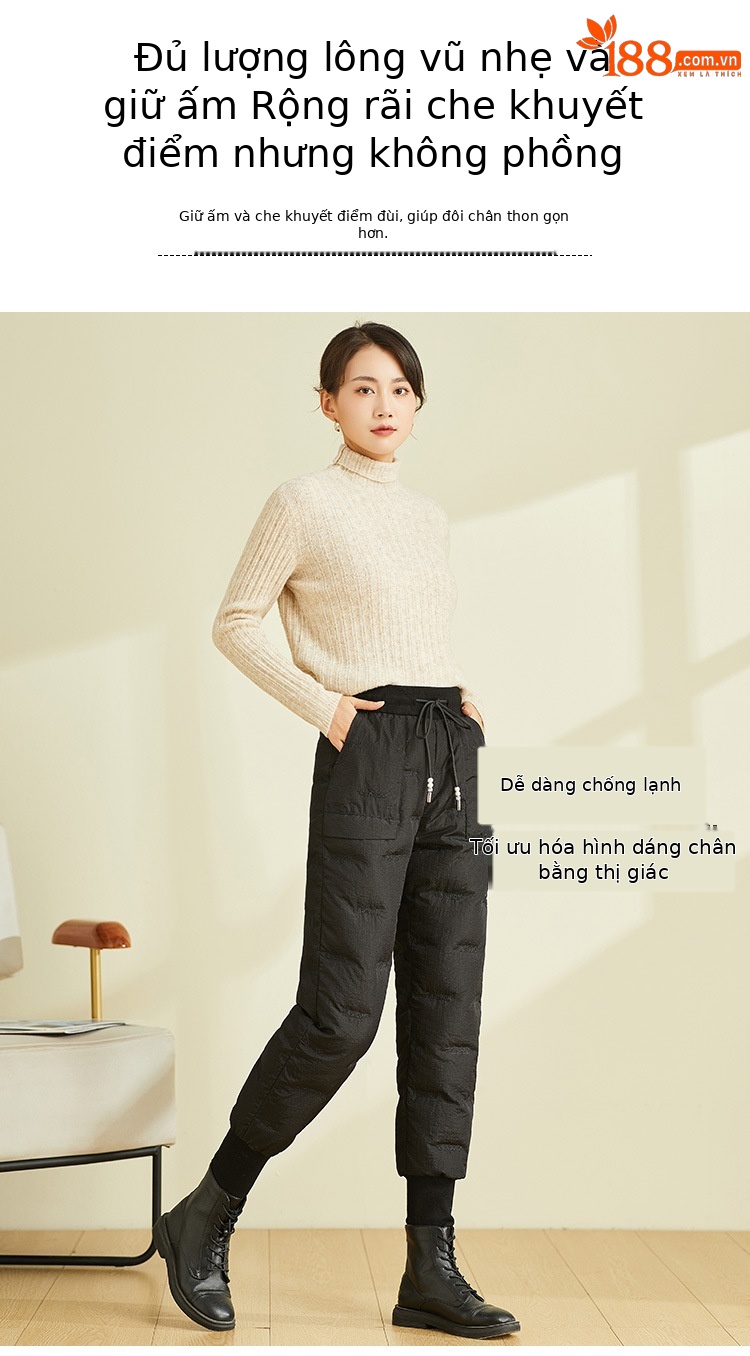 Quần lông vũ nữ mặc ngoài trời cạp cao dày dặn cỡ lớn, quần cotton nhẹ giữ ấm mùa đông — Màu đen chi tiết 5