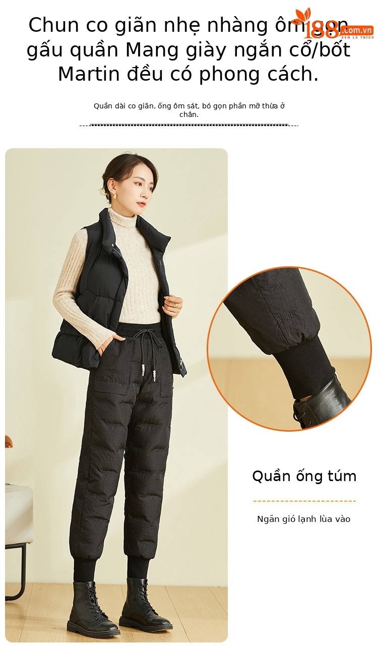 Quần lông vũ nữ mặc ngoài trời cạp cao dày dặn cỡ lớn, quần cotton nhẹ giữ ấm mùa đông — Màu đen chi tiết 6