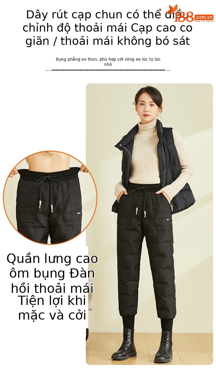 Quần lông vũ nữ mặc ngoài trời cạp cao dày dặn cỡ lớn, quần cotton nhẹ giữ ấm mùa đông — Màu đen chi tiết 7