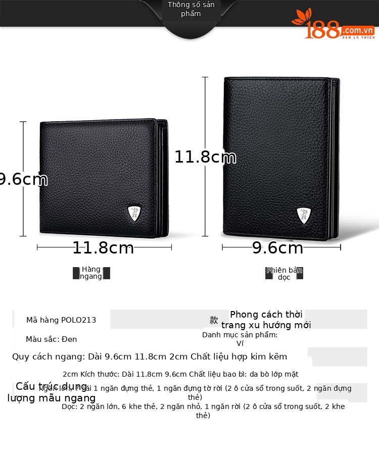 Ví nam da bò Emperor Paul gập đôi mini đựng tiền xu chi tiết 2