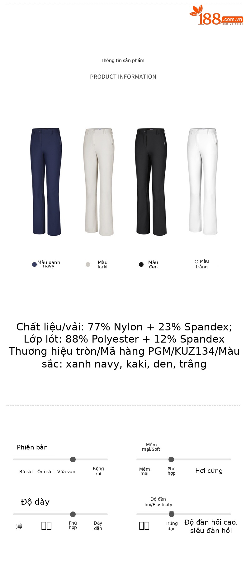 Quần Golf Nữ PGM Dài Tôn Dáng Co Giãn Thu Đông — KUZ134 màu trắng, KUZ134-Kaki, KUZ134-Đen, KUZ134-màu xanh hải quân chi tiết 5