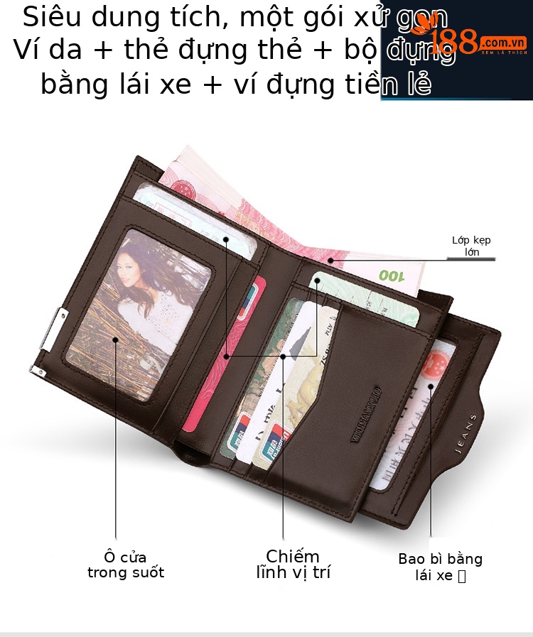 Ví nam ngắn da bò thật Hoàng Đế Paul – gập mini đựng tiền xu và giấy phép lái xe chi tiết 5