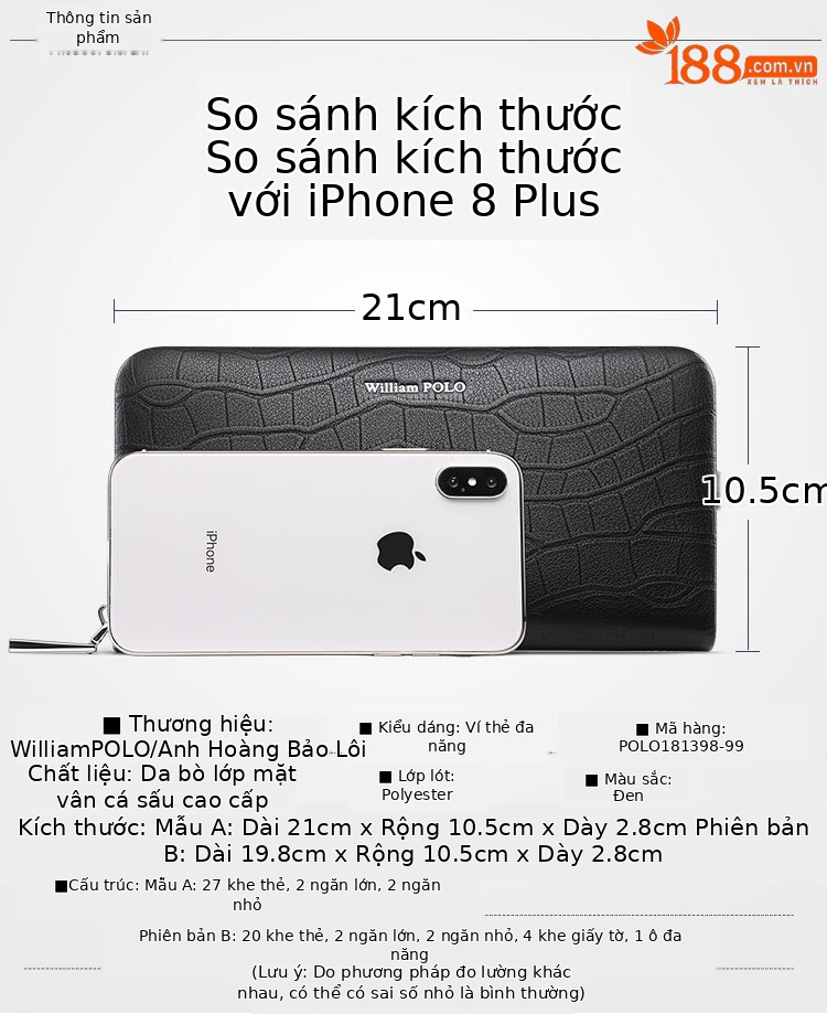 Ví nam dài nhiều khe thẻ da in vân cá sấu phong cách công sở đơn giản chi tiết 8