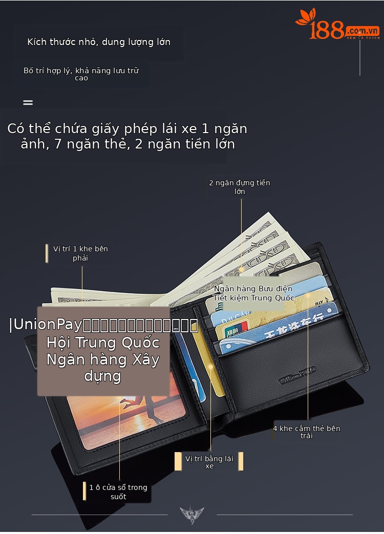Ví nam gập mini da bò cao cấp Emperor Paul nhiều ngăn thẻ chi tiết 5