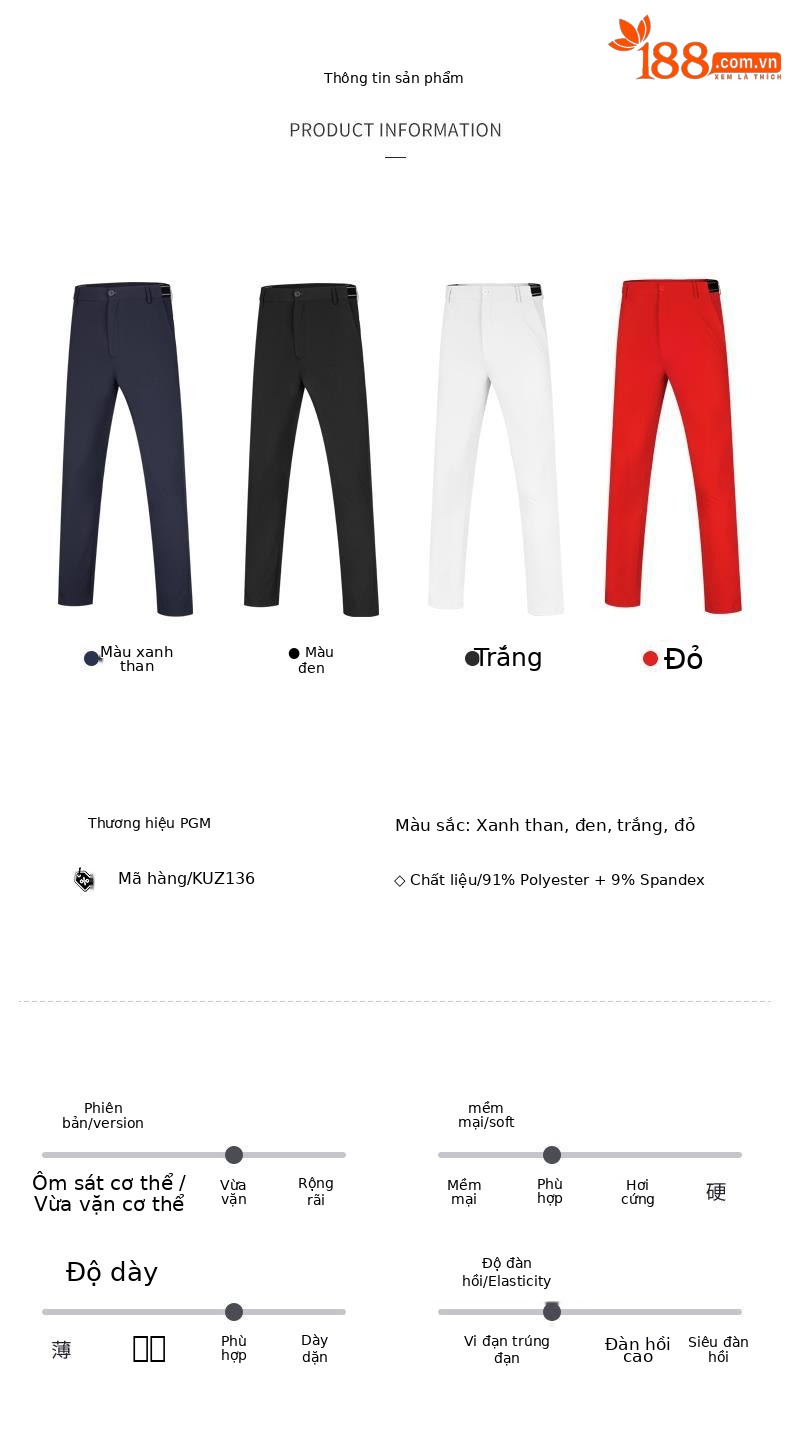 Quần thể thao golf nam dài ống suông vải co giãn PGM — KUZ136-Màu đen, KUZ136-màu xanh hải quân, KUZ136-màu trắng, KUZ136-màu đỏ chi tiết 5