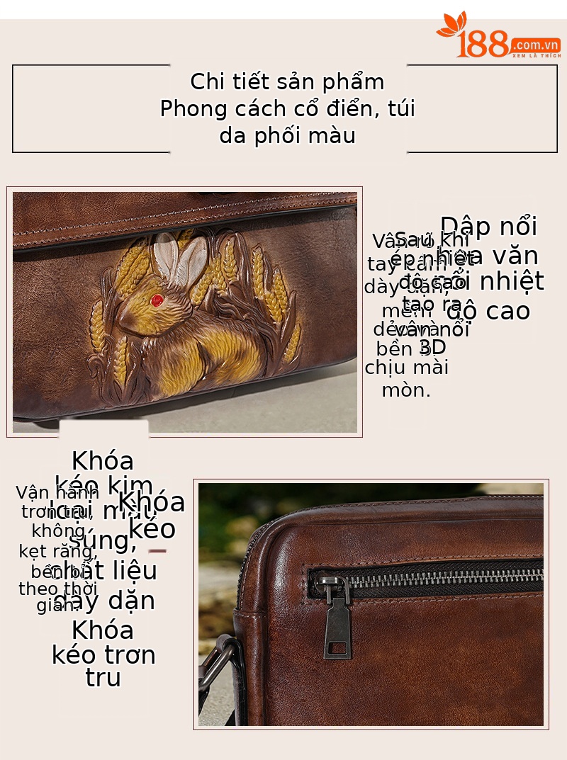 Túi đeo chéo da bò nguyên tấm vẽ tay thủ công phong cách retro nghệ thuật — Màu nâu cổ điển, Màu xanh lá cổ điển, Màu xám cổ điển, Màu vàng cổ điển chi tiết 12