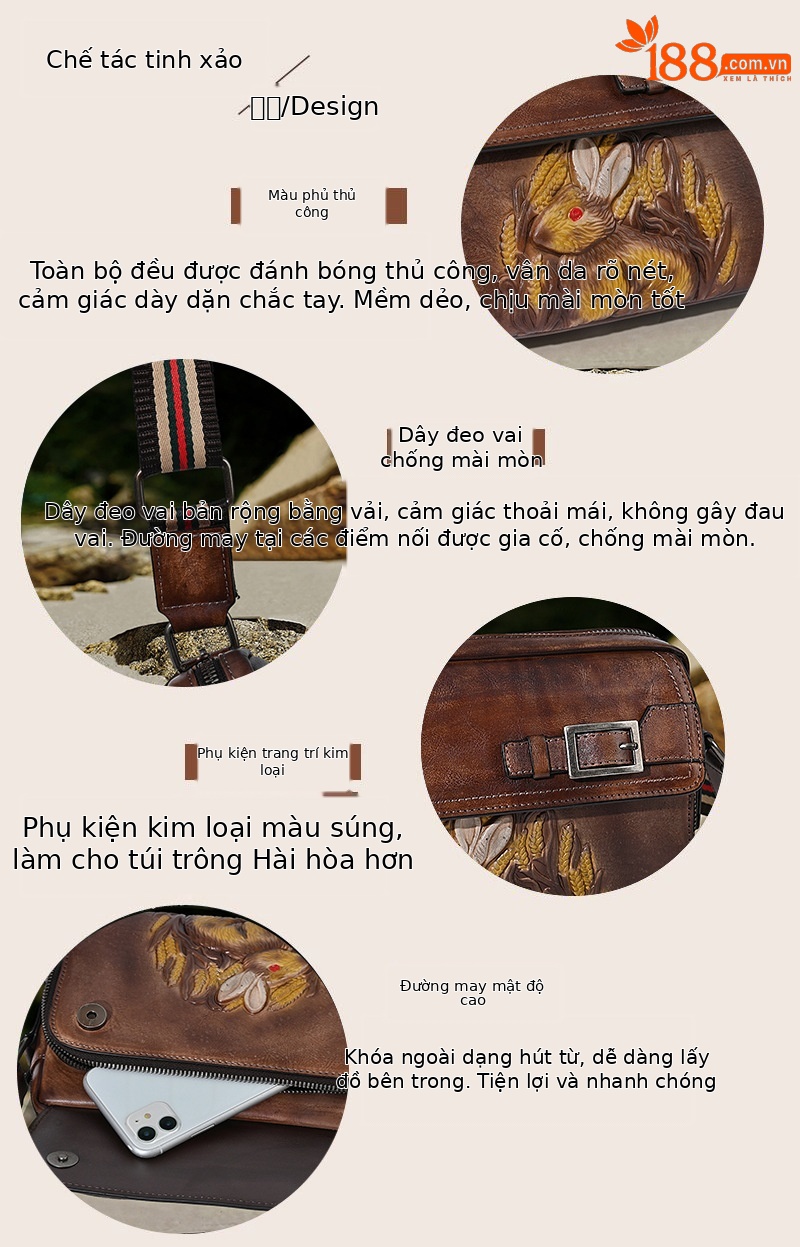 Túi đeo chéo da bò nguyên tấm vẽ tay thủ công phong cách retro nghệ thuật — Màu nâu cổ điển, Màu xanh lá cổ điển, Màu xám cổ điển, Màu vàng cổ điển chi tiết 5