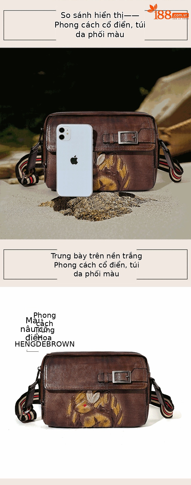 Túi đeo chéo da bò nguyên tấm vẽ tay thủ công phong cách retro nghệ thuật — Màu nâu cổ điển, Màu xanh lá cổ điển, Màu xám cổ điển, Màu vàng cổ điển chi tiết 9