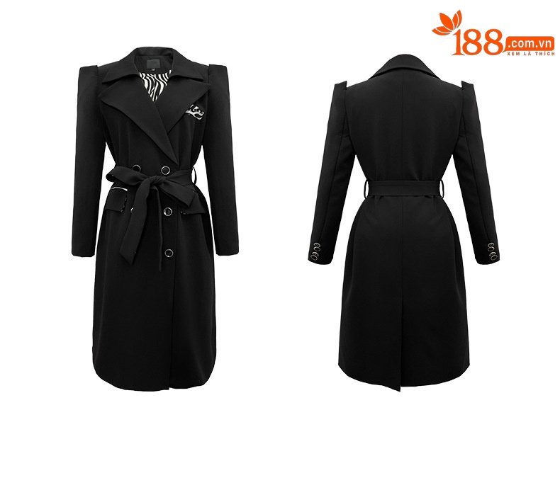 Áo khoác trench coat dáng dài tay dài, cổ vest, cài khuy đôi, có dây lưng — Màu đen chi tiết 3