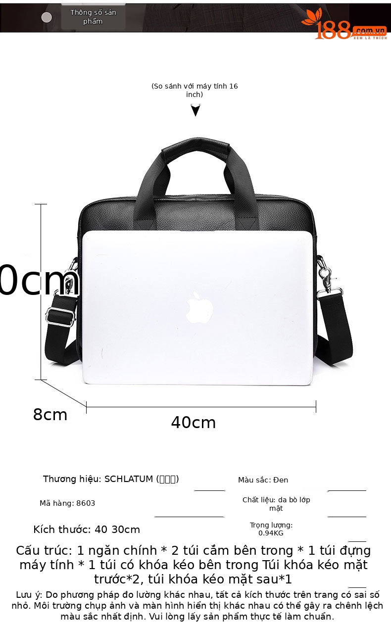 Túi xách tay nam da bò thật đựng laptop 16 inch, phong cách công sở Âu Mỹ — Màu đen chi tiết 5