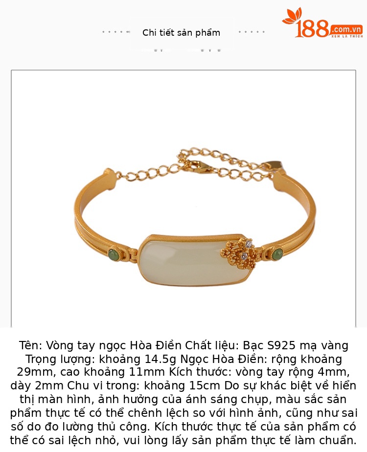Vòng tay nữ bạc S925 mạ vàng đính ngọc bích jasper phong cách Trung Quốc — Một chiếc chi tiết 3