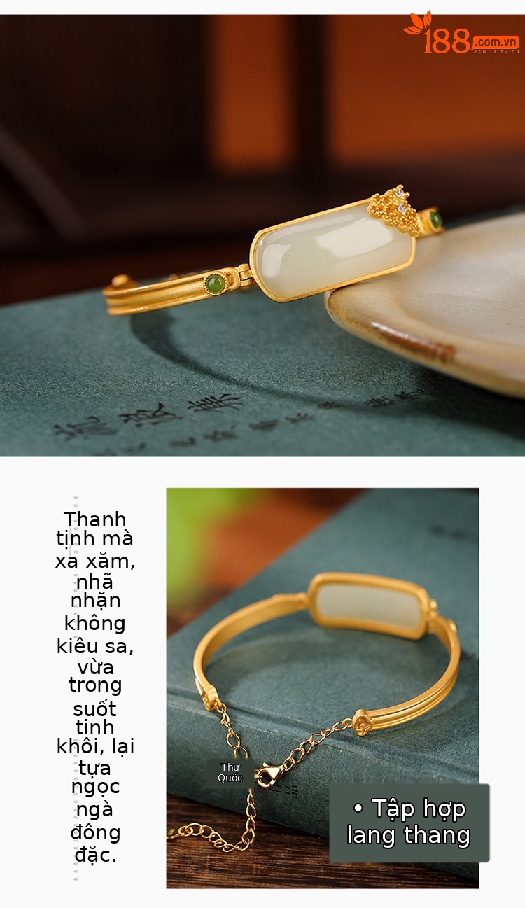 Vòng tay nữ bạc S925 mạ vàng đính ngọc bích jasper phong cách Trung Quốc — Một chiếc chi tiết 4
