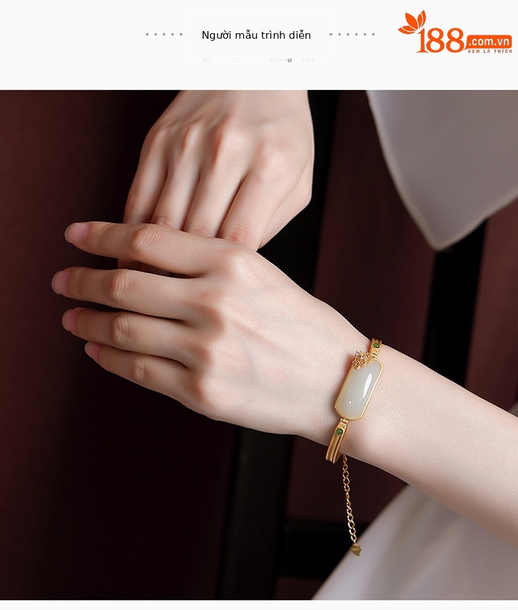 Vòng tay nữ bạc S925 mạ vàng đính ngọc bích jasper phong cách Trung Quốc — Một chiếc chi tiết 5