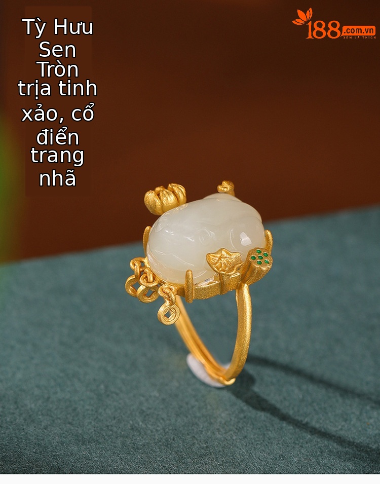 Nhẫn hoa sen hở bạc S925 mạ vàng đính ngọc Hetian — Kiểu mạ bạch kim chi tiết 2