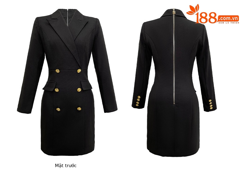Đầm blazer nữ công sở kiểu dáng thời trang Pháp, tay dài, cổ ve — Màu đen chi tiết 7