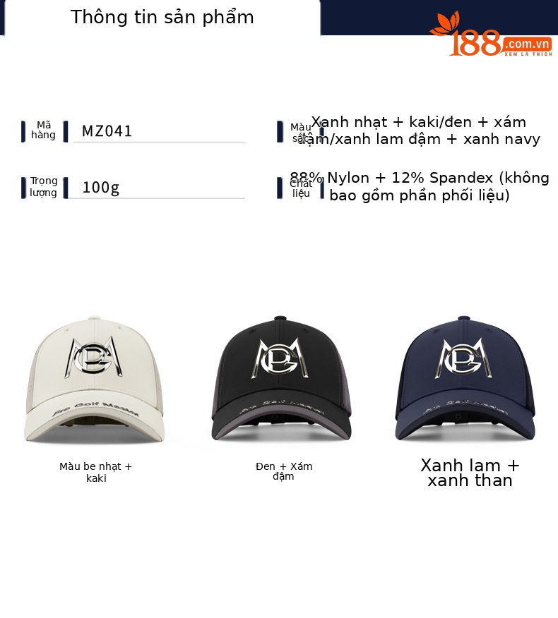 Mũ golf nam PGM chống nắng thoáng khí hút ẩm vành dài 7,3 cm — Mz041-mơ nhạt + kaki, MZ041-Đen + Xám đậm, Mz041-xanh ngọc + Xanh navy chi tiết 6