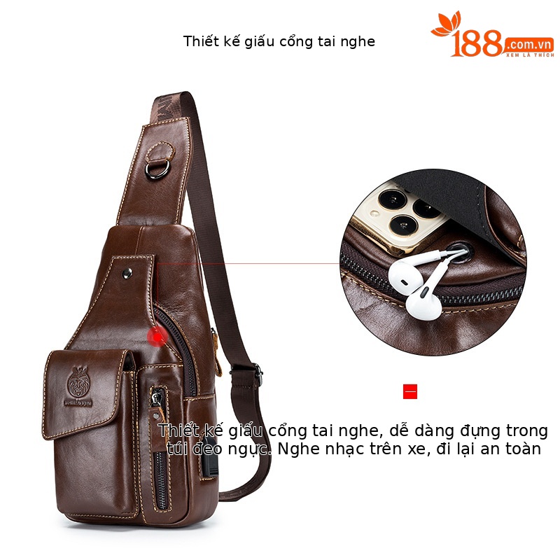 Túi đeo chéo nam da thật phong cách retro Âu Mỹ, có cổng USB, túi đeo ngực một vai — Màu cà phê, Màu đen, Màu xanh xám