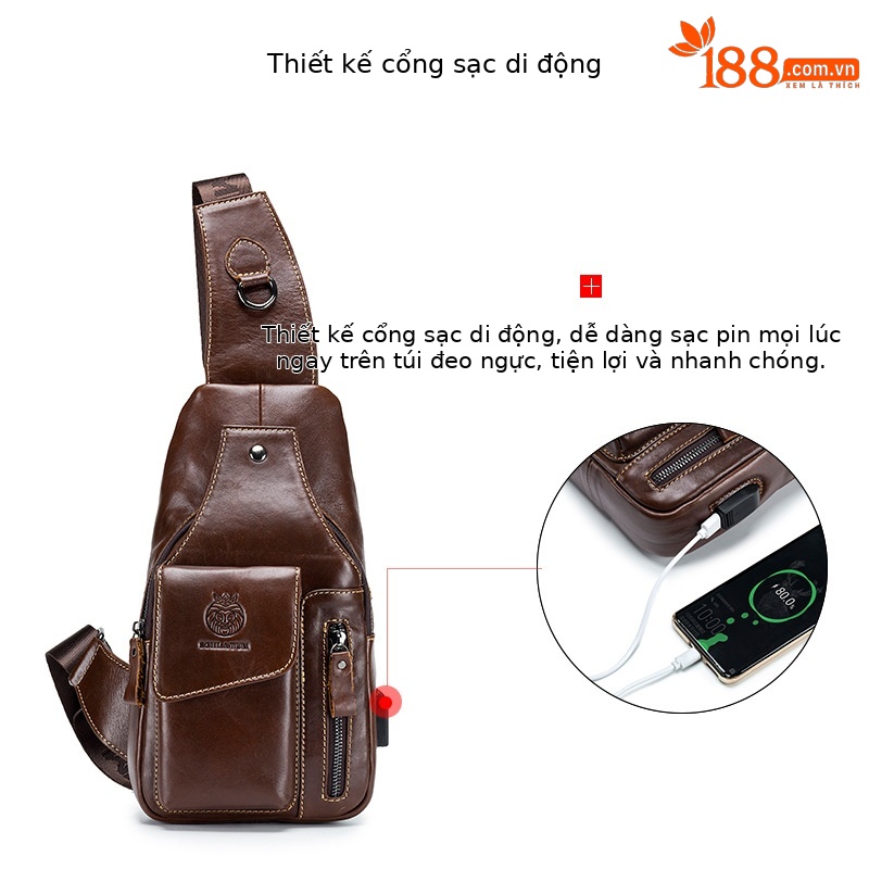 Túi đeo chéo nam da thật phong cách retro Âu Mỹ, có cổng USB, túi đeo ngực một vai — Màu cà phê, Màu đen, Màu xanh xám