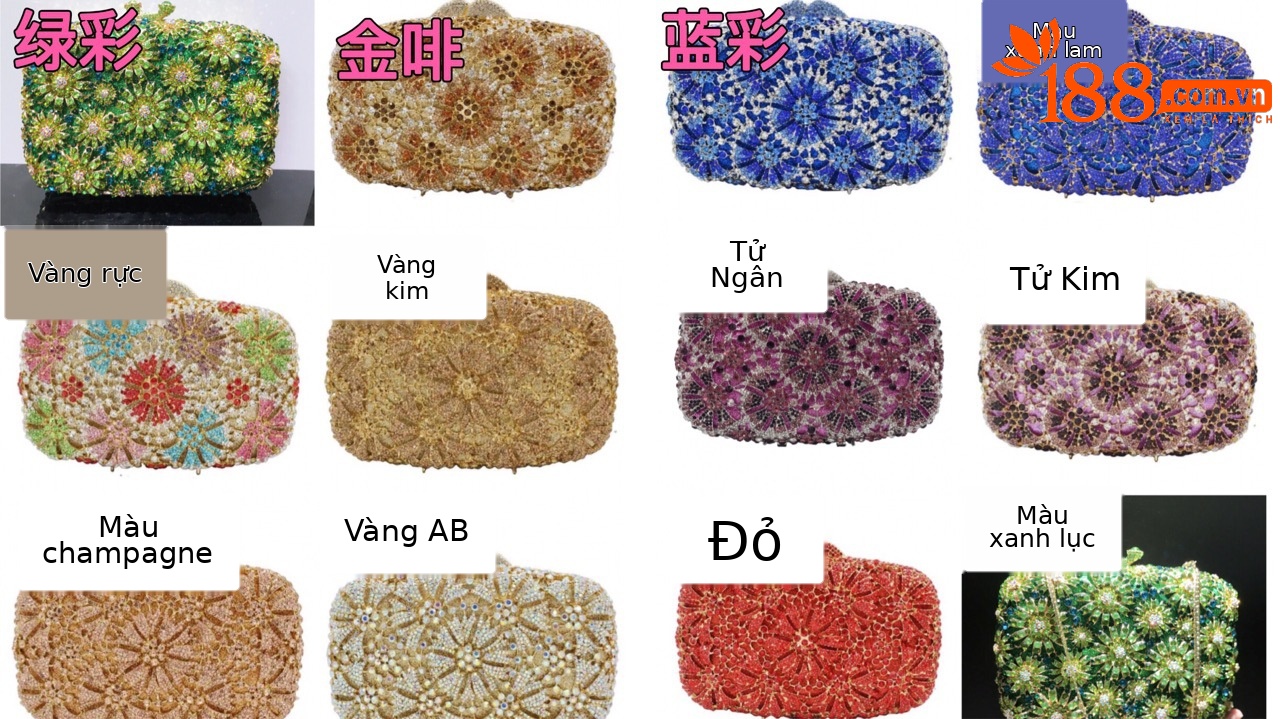 Túi clutch nữ đính kim cương hoa văn bồ công anh chạm rỗng dự tiệc — Vàng kim AB chi tiết 1