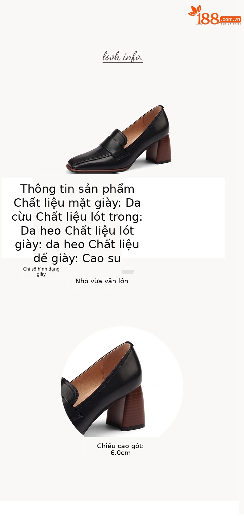 Giày cao gót da cừu mũi vuông gót thấp cổ điển nữ — Màu nâu chi tiết 2