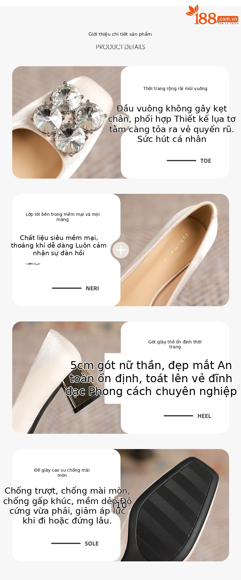 Giày cao gót nữ mũi vuông chất satin đính đá, gót vuông ổn định — Màu đen chi tiết 1