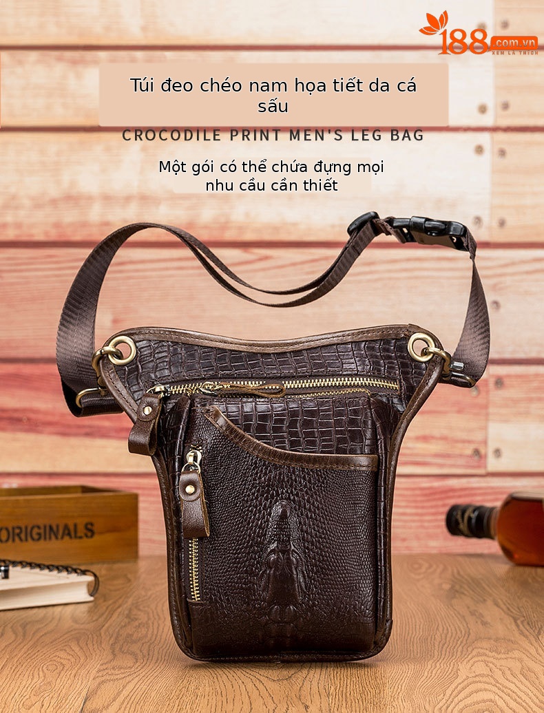 Túi đeo chân xe máy da bò họa tiết cá sấu phong cách retro — nâu chi tiết 2