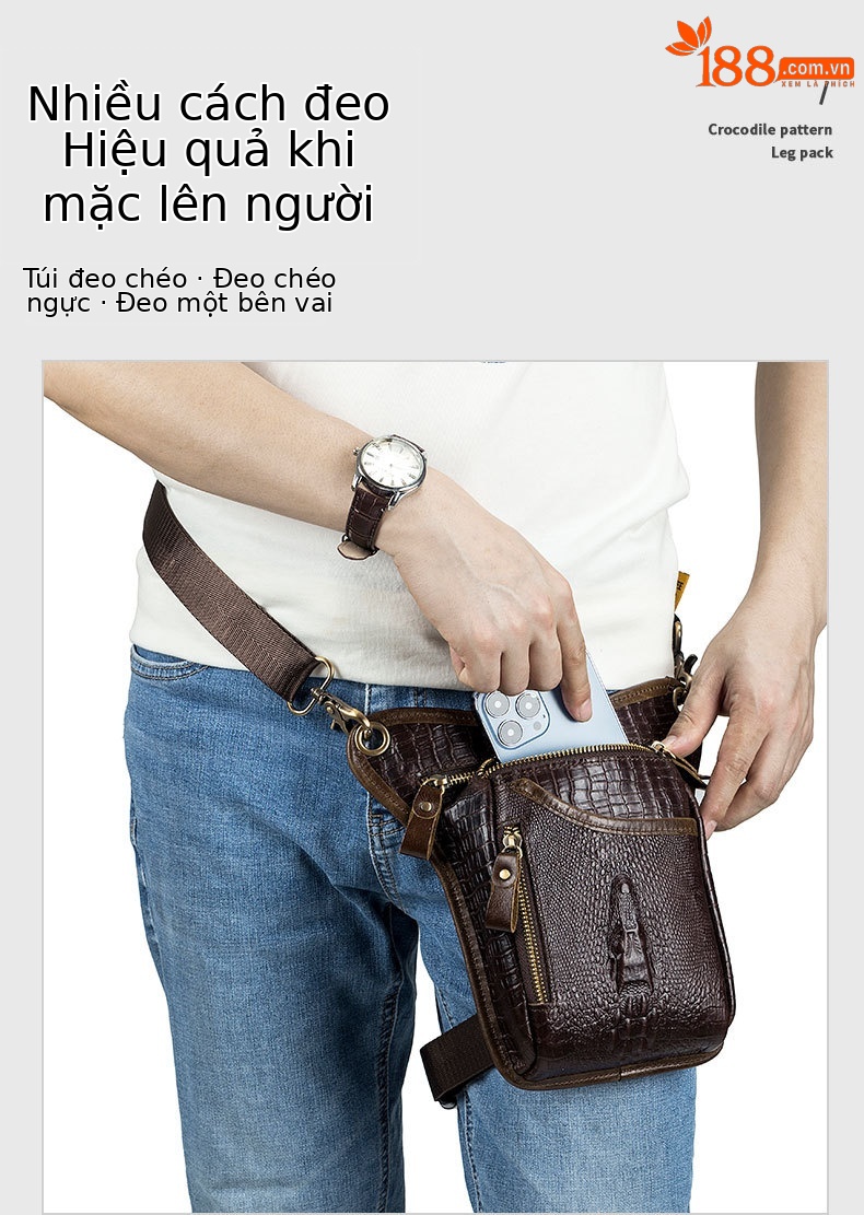 Túi đeo chân xe máy da bò họa tiết cá sấu phong cách retro — nâu chi tiết 3