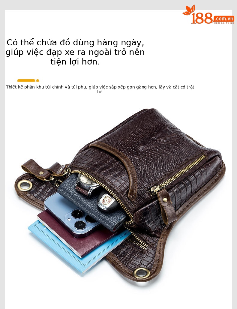Túi đeo chân xe máy da bò họa tiết cá sấu phong cách retro — nâu chi tiết 7