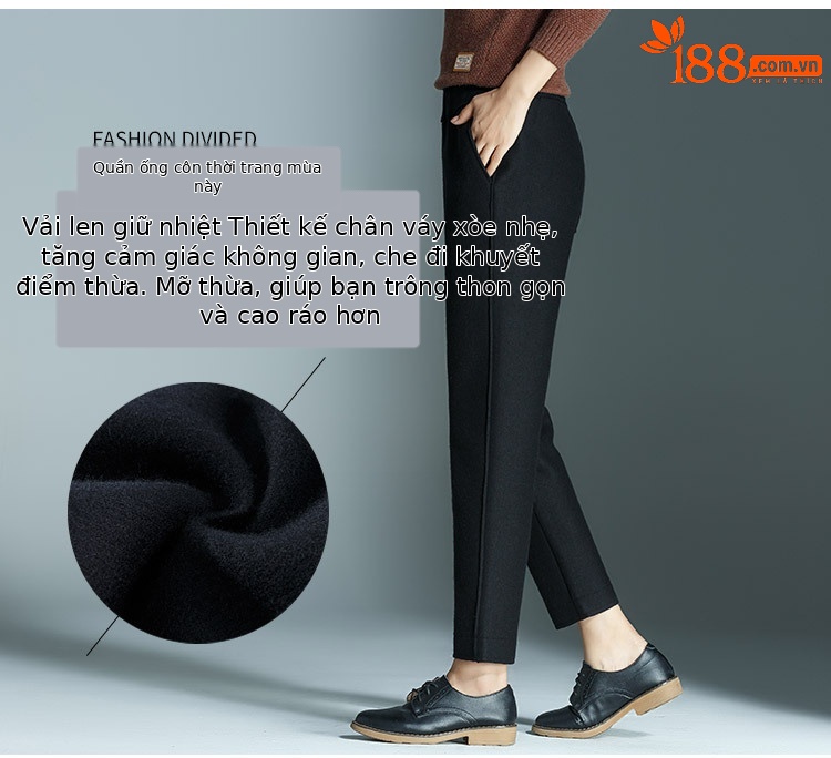 Quần culottes nữ ống rộng cạp cao dáng suông chất len mềm mại — Màu đen chi tiết 19