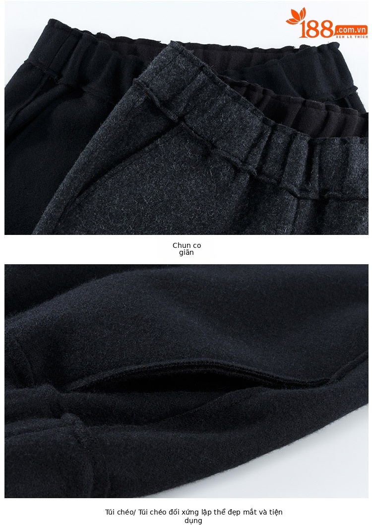 Quần culottes nữ ống rộng cạp cao dáng suông chất len mềm mại — Màu đen chi tiết 34
