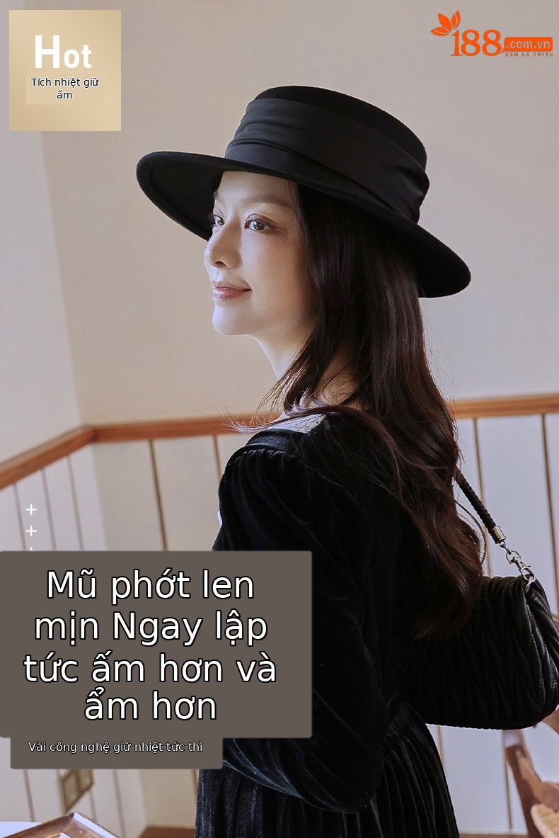 Mũ phớt len vành phẳng nữ phong cách Hàn Quốc — Màu đen chi tiết 1