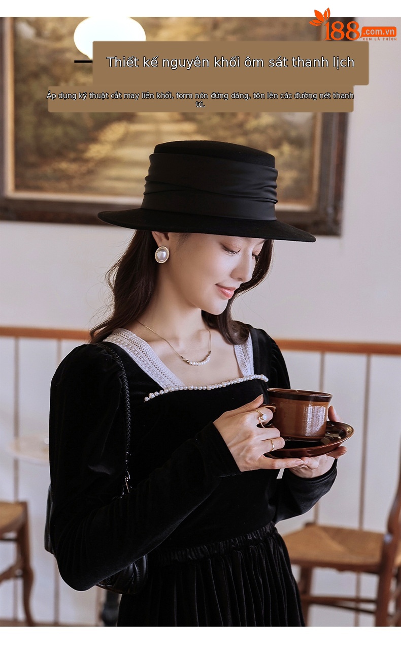 Mũ phớt len vành phẳng nữ phong cách Hàn Quốc — Màu đen chi tiết 2