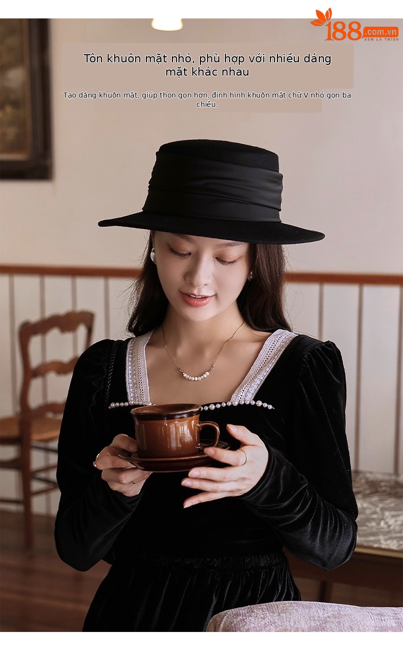 Mũ phớt len vành phẳng nữ phong cách Hàn Quốc — Màu đen chi tiết 4