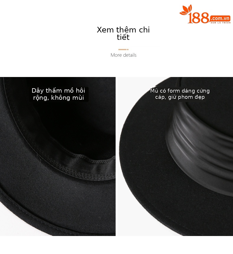 Mũ phớt len vành phẳng nữ phong cách Hàn Quốc — Màu đen chi tiết 7