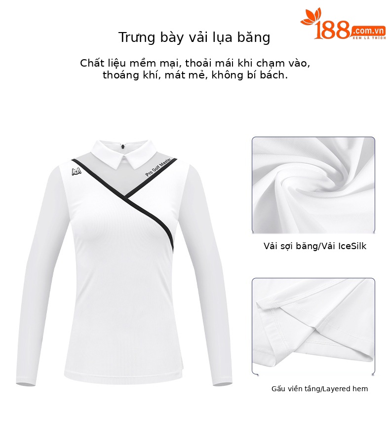 Áo thun golf nữ dài tay mùa hè dây lưng thun thoáng khí — YF476-Đen, YF476-màu trắng chi tiết 2