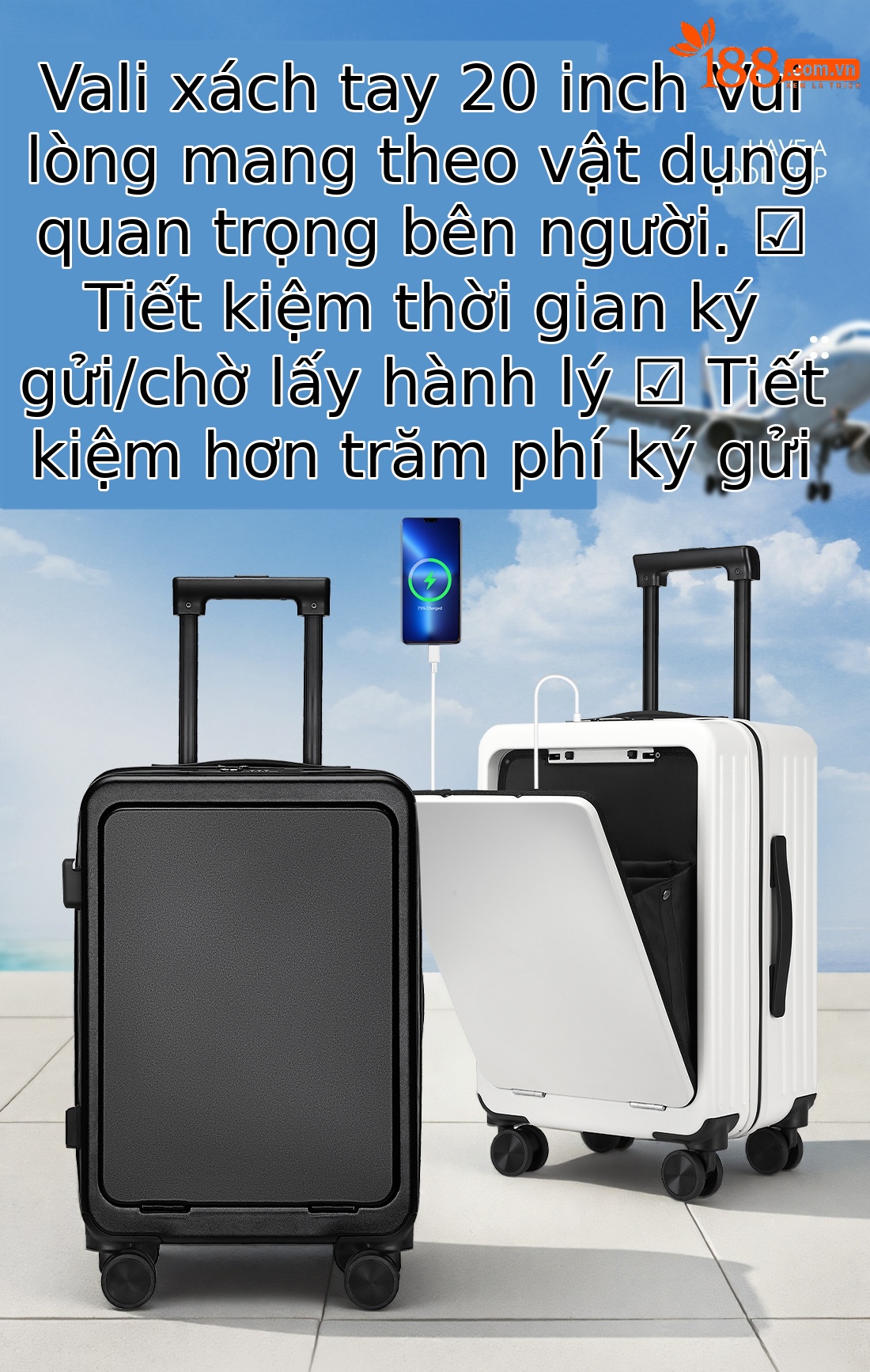 Vali Leaf King nữ 20 inch xách tay bánh xe đa năng khóa TSA mở trước — Xám đậm, Màu đen, Mẫu IP tùy chỉnh --- màu đen chi tiết 7