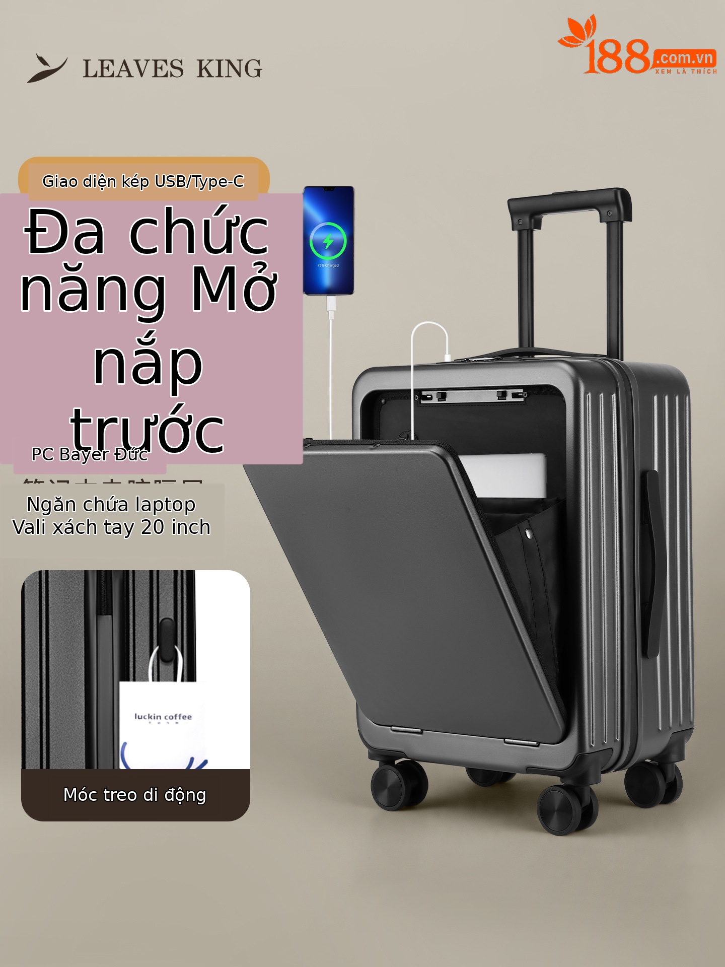 Vali Leaf King nữ 20 inch xách tay bánh xe đa năng khóa TSA mở trước — Xám đậm, Màu đen, Mẫu IP tùy chỉnh --- màu đen