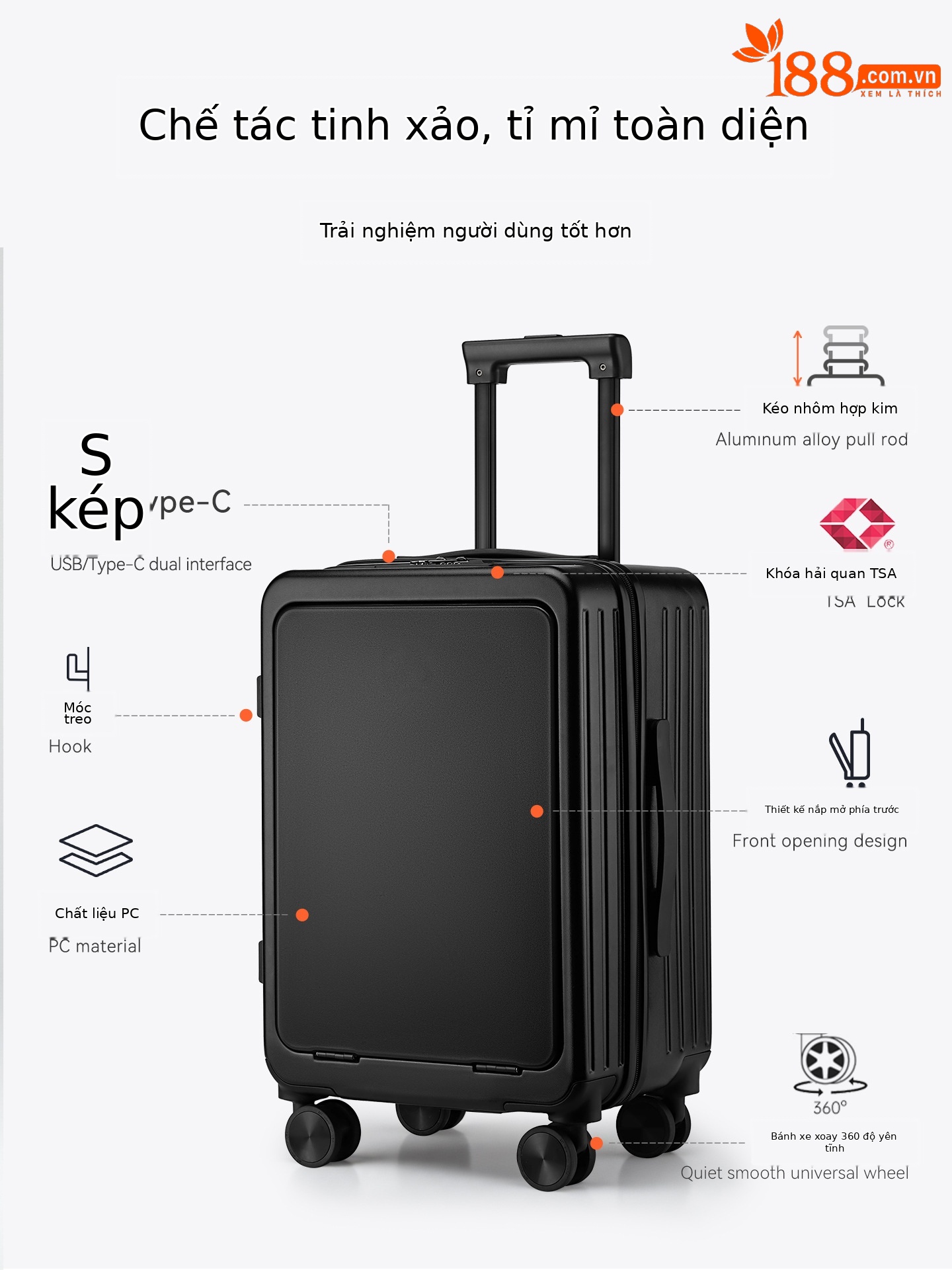 Vali Leaf King nữ 20 inch xách tay bánh xe đa năng khóa TSA mở trước — Xám đậm, Màu đen, Mẫu IP tùy chỉnh --- màu đen