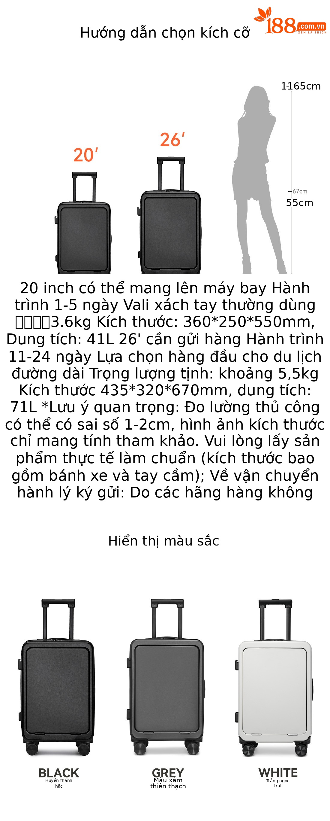 Vali Leaf King nữ 20 inch xách tay bánh xe đa năng khóa TSA mở trước — Xám đậm, Màu đen, Mẫu IP tùy chỉnh --- màu đen chi tiết 11