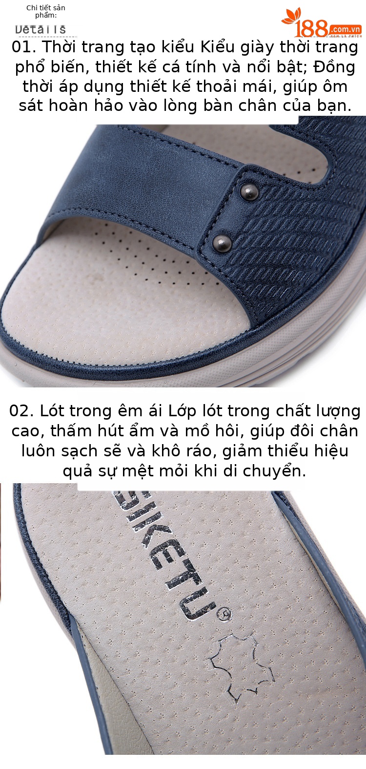 Sandal nữ đế xuồng da thật mùa hè 2026, phong cách thể thao đính đinh, size lớn — Màu xanh lam, Siêu nhẹ/thoải mái/chống trượt/sau khi bán lẻ, Màu xanh lá, Màu mơ chi tiết 3