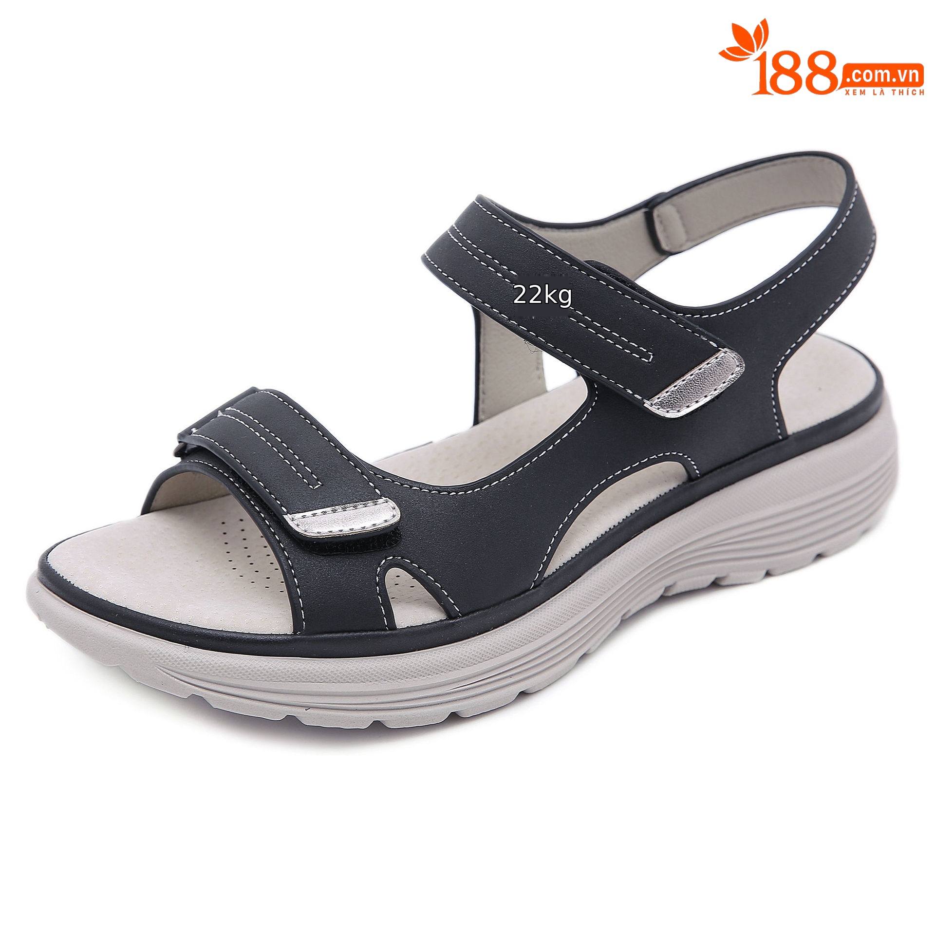Dép sandal nữ da thật đế xuồng thể thao, quai chữ V khóa dán, siêu nhẹ thoải mái — Màu đen, Màu xanh lam, Siêu nhẹ/thoải mái/chống trượt/sau khi bán lẻ, Màu xám