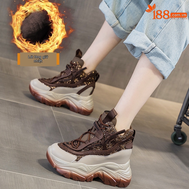 Giày sneaker nữ đế dày độn gót ẩn đính sequin xuân 2026 — M2269-1 Màu cà phê lót nhung, M2269-1 màu đen lót nhung, M2269-1 xanh lục lót nhung, M2269 màu tím một lớp bên trong