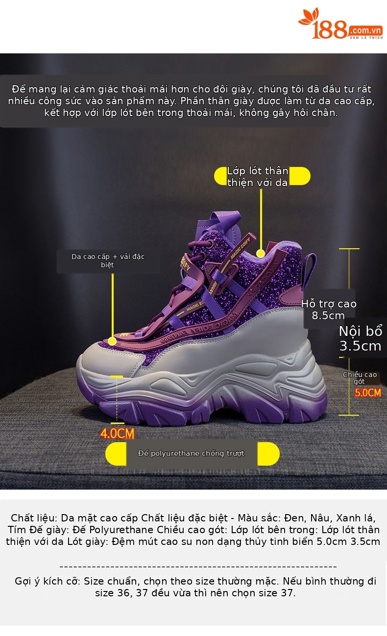 Giày sneaker nữ đế dày độn gót ẩn đính sequin xuân 2026 — M2269-1 Màu cà phê lót nhung, M2269-1 màu đen lót nhung, M2269-1 xanh lục lót nhung, M2269 màu tím một lớp bên trong chi tiết 5