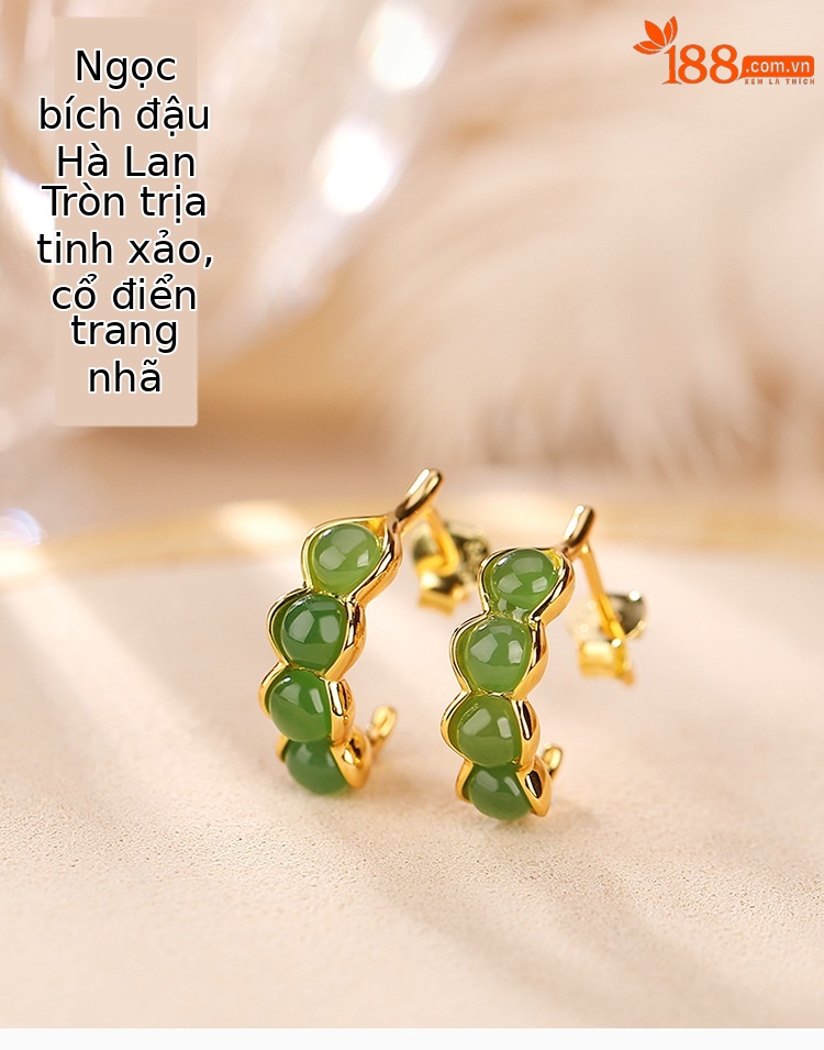 Bông tai nữ bạc S925 mạ vàng đính đá jasper hạt đậu phong cách trẻ trung — Kiểu mạ bạch kim chi tiết 1
