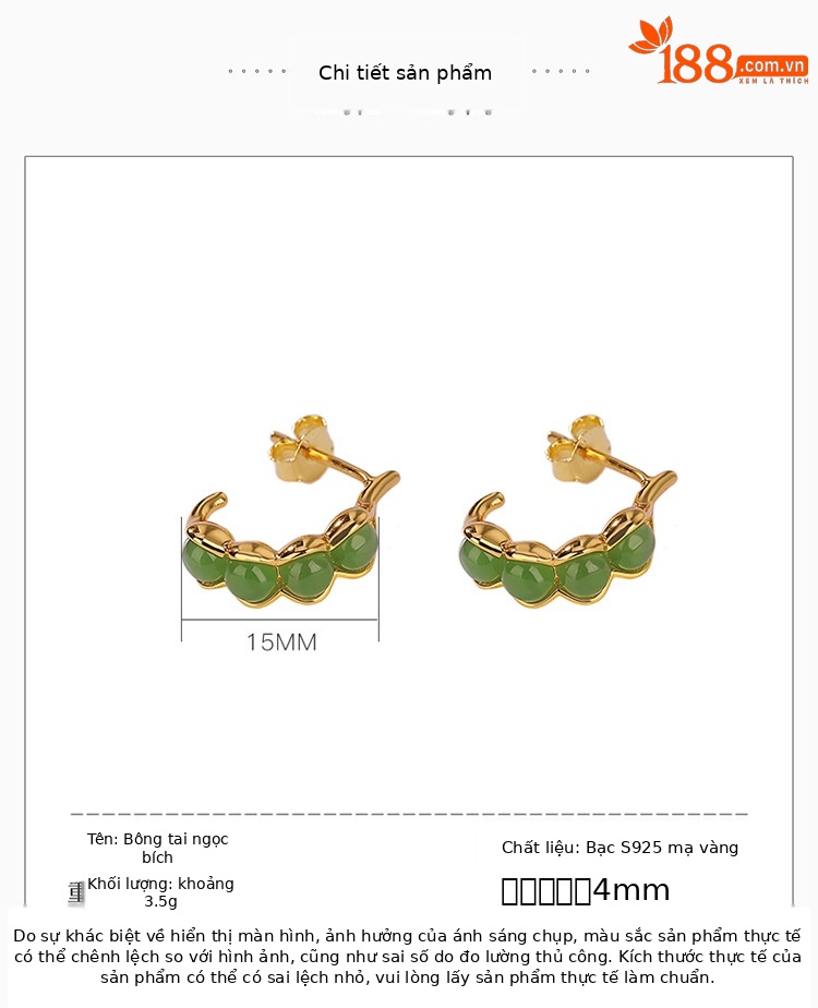 Bông tai nữ bạc S925 mạ vàng đính đá jasper hạt đậu phong cách trẻ trung — Kiểu mạ bạch kim chi tiết 2