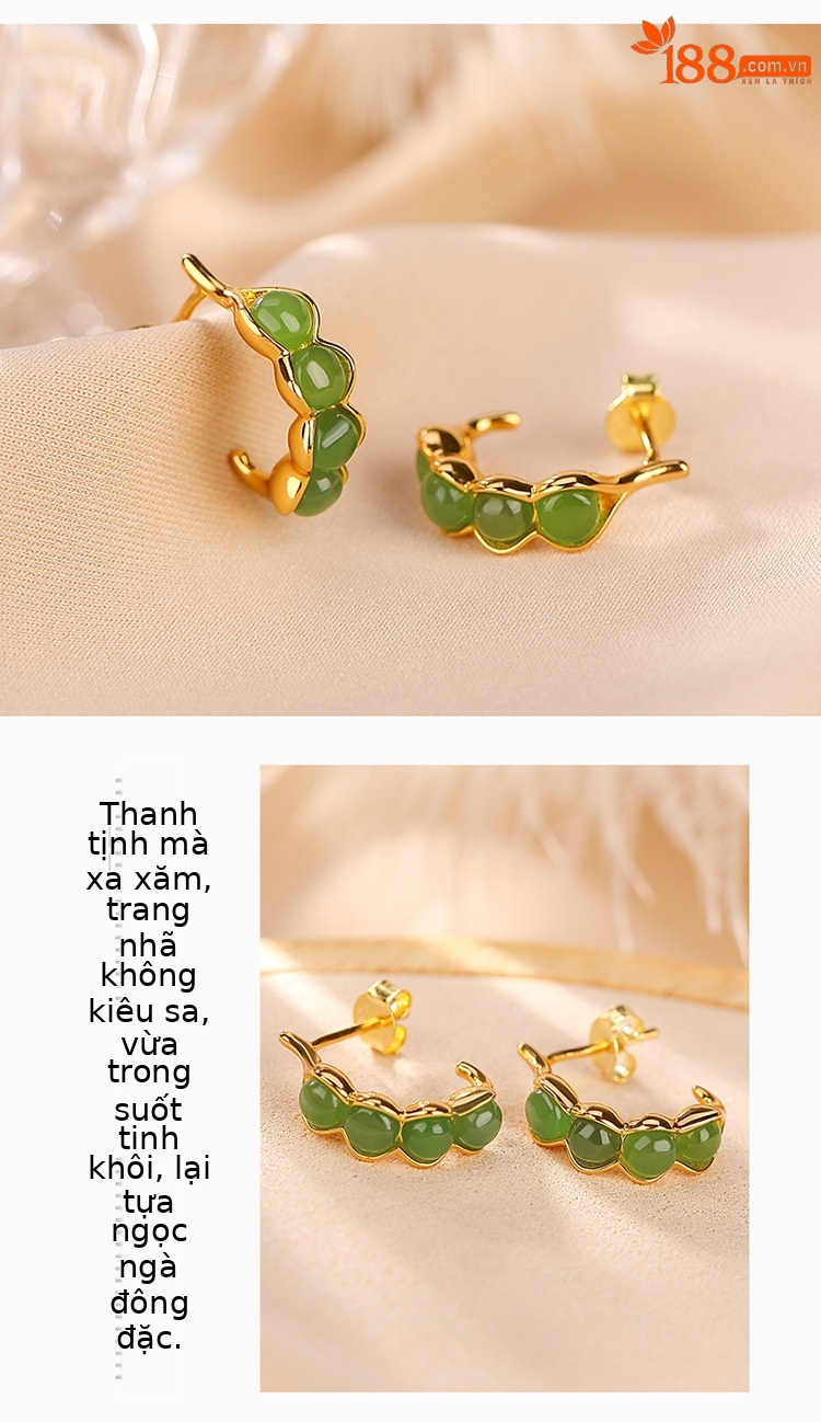 Bông tai nữ bạc S925 mạ vàng đính đá jasper hạt đậu phong cách trẻ trung — Kiểu mạ bạch kim chi tiết 3