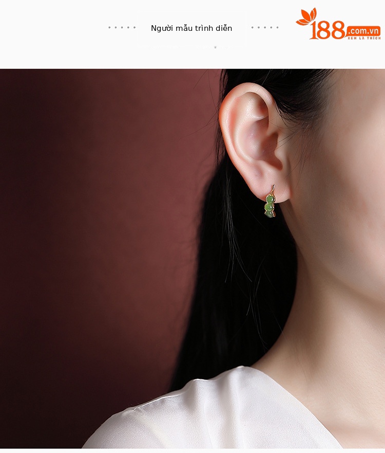 Bông tai nữ bạc S925 mạ vàng đính đá jasper hạt đậu phong cách trẻ trung — Kiểu mạ bạch kim chi tiết 6