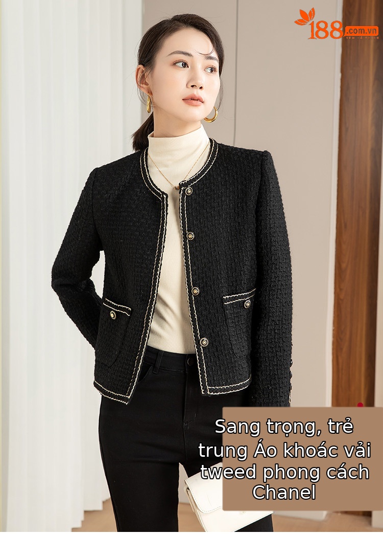 Áo khoác nữ dáng suông phối màu cổ điển tay dài mùa thu đông — Màu Đen (bao gồm cổ áo) chi tiết 1